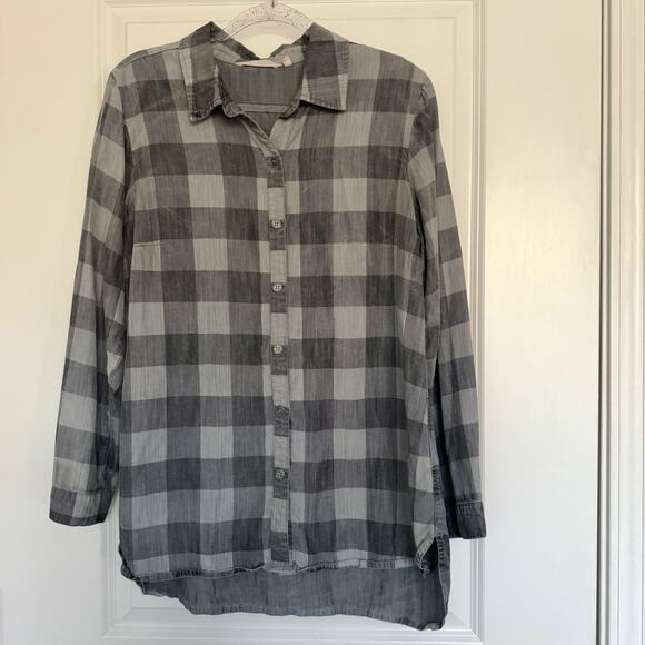 Soft Surroundings Gray Check Plaid Long Sleeve Button Up Shirt Womens Sz Medium - Picture 1 of 12